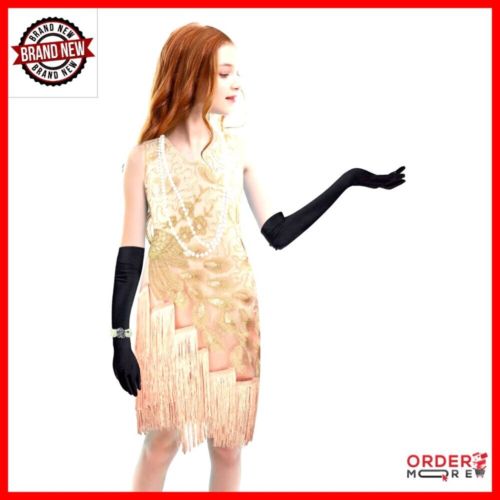 Girls Latin Dance Dress with Accessories Set, Flapper Style, Polyester Sequins